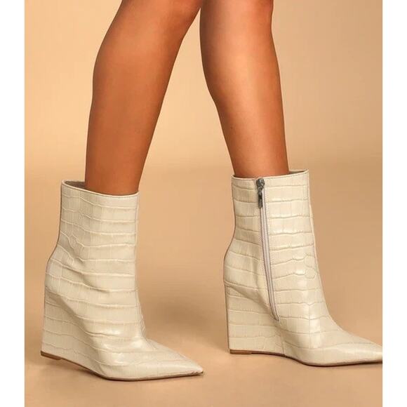 Schutz Asya Croco Embossed Leather Wedge Booties Eggshell Women's Size 7.5 - Picture 1 of 16